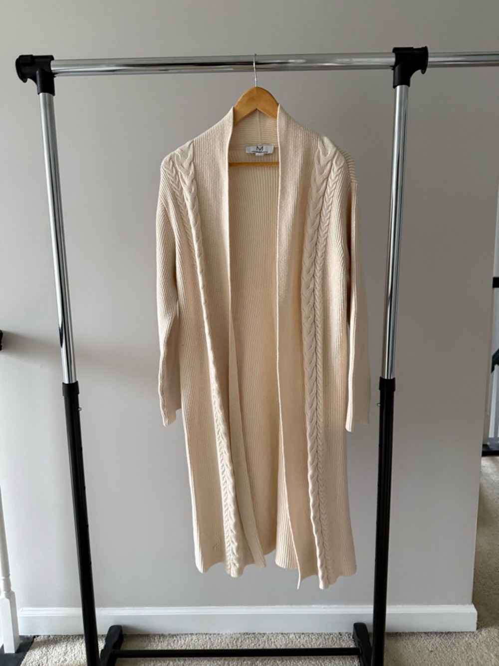 Magaschoni Long Cream CableTrim Open-Front Cardigan